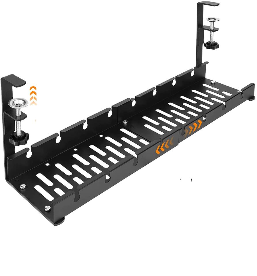 Black expandable under-desk cable tray with mounting clamps