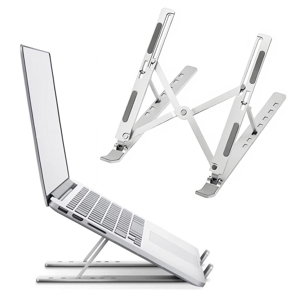 Silver folding laptop stand with adjustable height slots